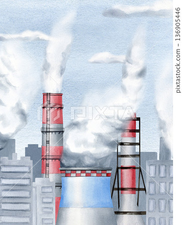 Industrial factories with dark toxic smoke banner, chimneys, power plants near grey city and blue sky. For ecological, environmental posters, climate change infographics, pollution articles Industrial factories with dark toxic smoke banner, chimneys, power plants near grey city and blue sky. For ecological, environmental posters, climate change infographics, pollution articles 136905446