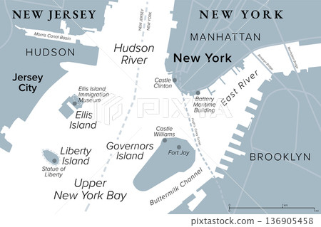 Ellis Island and Liberty Island, United States, gray political map. Situated in Upper New York Bay between Jersey City, Manhattan, and Brooklyn, with Governors Island to the east. Illustration. Vector Ellis Island and Liberty Island, United States, gray political map. Situated in Upper New York Bay between Jersey City, Manhattan, and Brooklyn, with Governors Island to the east. Illustration. Vector 136905458