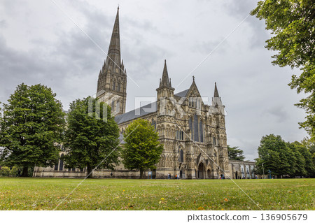 Historic gothic architecture of Salisbury Cathedral church in England 136905679