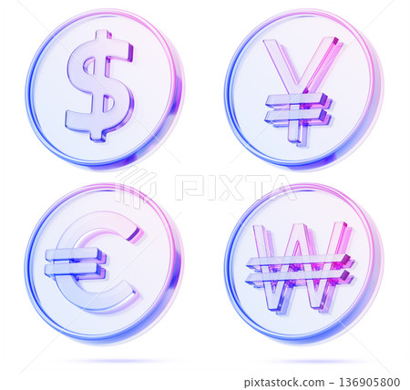 3d glass holographic coins set - dollar, euro, japanese yen, korean won. European and Asian money icons with currency symbol. JPY stablecoin for cryptocurrency exchange, crypto casino. 3D illustration 3d glass holographic coins set - dollar, euro, japanese yen, korean won. European and Asian money icons with currency symbol. JPY stablecoin for cryptocurrency exchange, crypto casino. 3D illustration 136905800