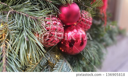 Christmas, tree and red bauble in home for holiday, festive season and party celebration in house. Ornament, xmas and decoration for December tradition, bokeh lights and new year event in living room Christmas, tree and red bauble in home for holiday, festive season and party celebration in house. Ornament, xmas and decoration for December tradition, bokeh lights and new year event in living room 136905818