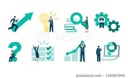 Businessman concept illustration set: Gears, light bulbs, rising graphs, and arrows express business efficiency and digital transformation 136905940