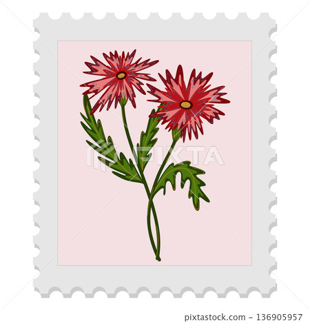 Spring postage stamp with a flower. Celebrating spring, Easter, Women's Day, and Mother's Day. Elegant and slightly naive design. Isolated vector element. 136905957