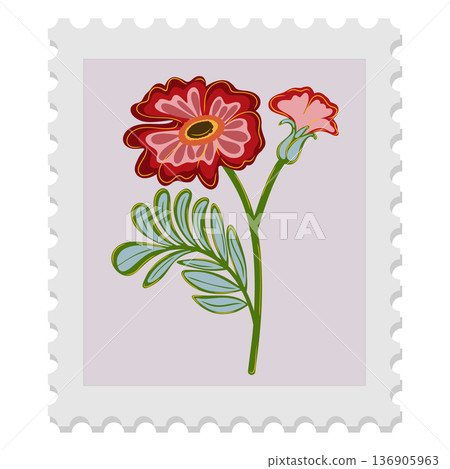 Spring postage stamp with a flower. Celebrating spring, Easter, Women's Day, and Mother's Day. Elegant and slightly naive design. Isolated vector element. Spring postage stamp with a flower. Celebrating spring, Easter, Women's Day, and Mother's Day. Elegant and slightly naive design. Isolated vector element. 136905963