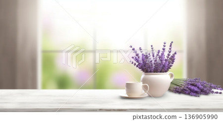 Window and lavender flower on table with sun light copy space blurred background, AI Generated 136905990
