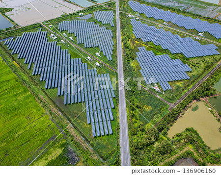 Aerial view drone shot scenic landscape of a road passing through a solar farm in Thailand Aerial view drone shot scenic landscape of a road passing through a solar farm in Thailand 136906160