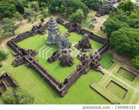 Drone shot the aerial view of Phimai Historical Park. the ancient stone temple Nakhon Ratchasima, Thailand Drone shot the aerial view of Phimai Historical Park. the ancient stone temple Nakhon Ratchasima, Thailand 136906183
