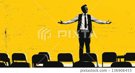 Man in suit performing with enthusiasm on a stage surrounded by empty chairs under a bright yellow background during a lively event Man in suit performing with enthusiasm on a stage surrounded by empty chairs under a bright yellow background during a lively event 136906455