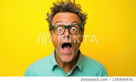 Surprised man with gray hair and glasses showing excitement against a bright yellow background in a joyful moment Surprised man with gray hair and glasses showing excitement against a bright yellow background in a joyful moment 136906456
