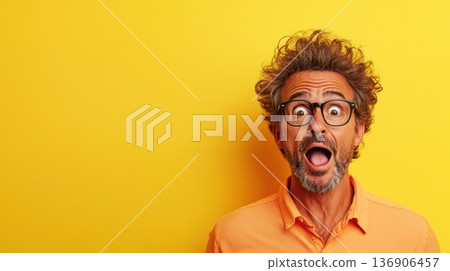 Excitement fills the air as a middle-aged man with curly hair and glasses expresses surprise against a vibrant yellow backdrop Excitement fills the air as a middle-aged man with curly hair and glasses expresses surprise against a vibrant yellow backdrop 136906457