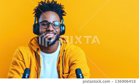Smiling man with headphones enjoys vibrant music experience against bright yellow background during a lively recording session 136906458