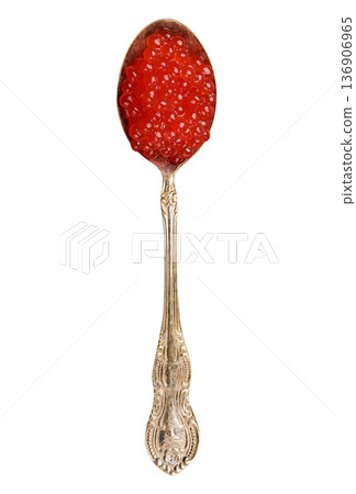 Red caviar of chum salmon in a metal spoon, isolated background Red caviar of chum salmon in a metal spoon, isolated background 136906965