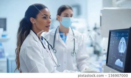 Medical professionals discuss patient imaging results in a clinical laboratory setting during a busy workday 136907000