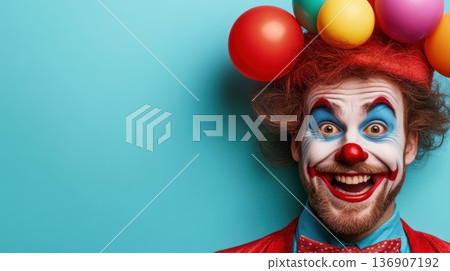 Clown with colorful balloons smiles brightly against a blue background during a festive gathering in a cheerful atmosphere promoting fun and laughter 136907192