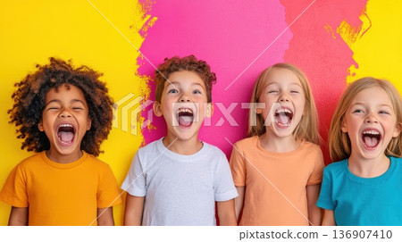 Group of four children with joyful expressions celebrating in front of a vibrant pink and yellow wall during a sunny day in a park setting 136907410