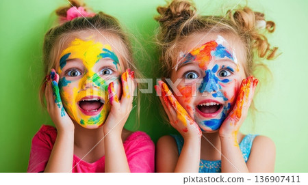 Children enjoy a colorful painting activity in a bright indoor setting with vibrant wall colors and playful expressions captured in a cheerful atmosphere 136907411