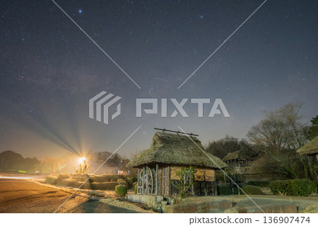 A beautiful spring starry sky at Hattoji Furusato Village in Okayama Prefecture, Japan 136907474