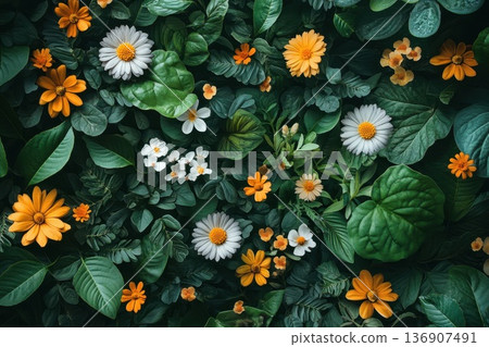 Vibrant floral arrangement featuring various flowers and lush green leaves during daylight hours 136907491