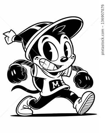 Energetic Black and White Retro Cartoon Character Running 136907876