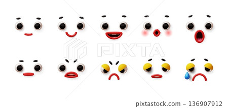 3d cartoon faces elements. Funny mascot emotions and facial expressions, happiness, fun, sadness, anger, moods and reactions for communication, cute parts, classy vector render graphic set 136907912