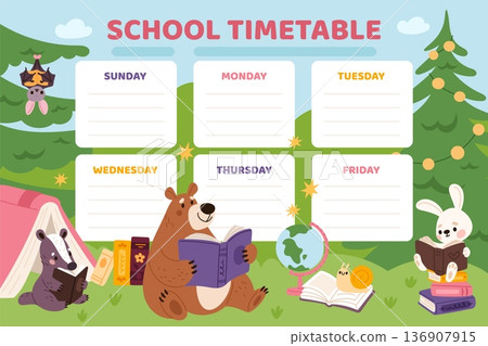 Animals with books kids planner. Little students timetable, fauna characters, cute school lesson schedule template, kids mascots for education poster cartoon flat isolated garish vector concept 136907915
