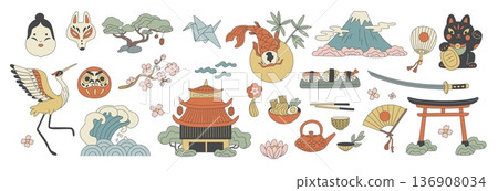Cartoon japanese elements. Traditional and cultural asian symbols, ethnic masks, origami, oriental fan, sakura tree, local attractions, food as sushi and noodles. Garish vector travel set 136908034