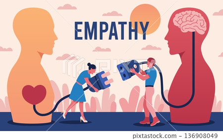 Empathetic people. Feeling manifestation, emotional intelligence, positive response communication, sympathy, compassion, heart and brain with cables tidy vector cartoon isolated concept Empathetic people. Feeling manifestation, emotional intelligence, positive response communication, sympathy, compassion, heart and brain with cables tidy vector cartoon isolated concept 136908049