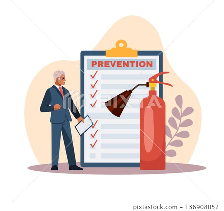 Fire inspection. Inspector checks points of compliance with safety rules, security certification, safety prevention and risk control, emergency management vector cartoon isolated concept 136908052