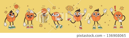 Funny basketball ball characters. Groovy athletic mascot, cartoon retro style, different playful poses, actions and happy emotions, luck symbol, motivation victory, garish vector comic set Funny basketball ball characters. Groovy athletic mascot, cartoon retro style, different playful poses, actions and happy emotions, luck symbol, motivation victory, garish vector comic set 136908065