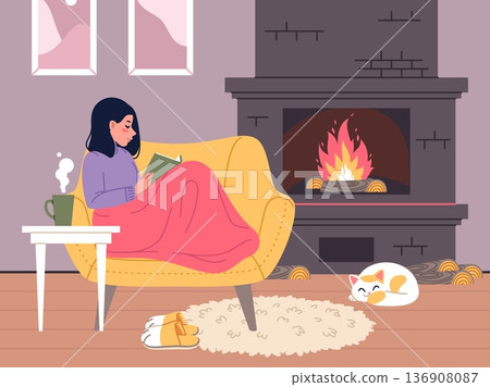 Girl reading book by fireplace. Cozy warm home interior, cute female character wrapped in blanket sitting on couch, relaxation comfort, winter hygge atmosphere classy vector cartoon concept Girl reading book by fireplace. Cozy warm home interior, cute female character wrapped in blanket sitting on couch, relaxation comfort, winter hygge atmosphere classy vector cartoon concept 136908087