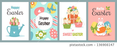 Happy easter cards. Spring holiday funny elements, greeting postcards design, funny bunny, cute chickens and colored eggs, decorations vertical template, classy vector cartoon isolated set Happy easter cards. Spring holiday funny elements, greeting postcards design, funny bunny, cute chickens and colored eggs, decorations vertical template, classy vector cartoon isolated set 136908147