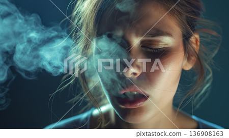 Young woman with dramatic makeup exhaling a cloud of smoke, with a dark and moody backdrop. 136908163