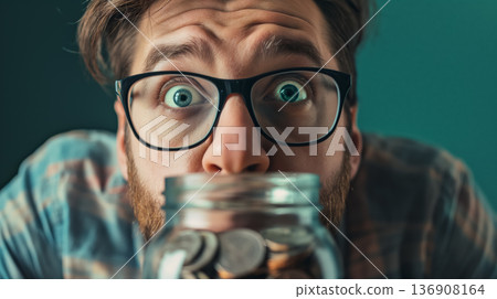 Surprised young man with glasses closely inspecting a glass jar filled with coins, eyes wide with excitement or concern. 136908164