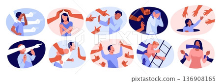 Helping hands. Mental suppression psychology scene, control, abuse, manipulations, providing support, liberating people, arm pointing gesture, victim person tidy vector cartoon isolated set 136908165