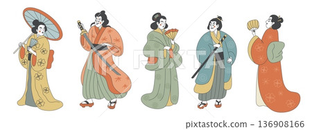 Japanese traditional dress people. Funny retro characters in national kimono, geisha and samurai, cartoon ukiyo e style with fan and sword, garish vector cultural ceremony and theatrical set Japanese traditional dress people. Funny retro characters in national kimono, geisha and samurai, cartoon ukiyo e style with fan and sword, garish vector cultural ceremony and theatrical set 136908166