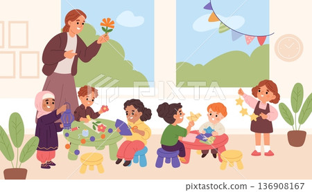 Kids make paper craft with teacher. Children in kindergarten cut out figures from colored paperboard, handmade crafts, happy boys and girls make collages garish vector cartoon flat concept Kids make paper craft with teacher. Children in kindergarten cut out figures from colored paperboard, handmade crafts, happy boys and girls make collages garish vector cartoon flat concept 136908167