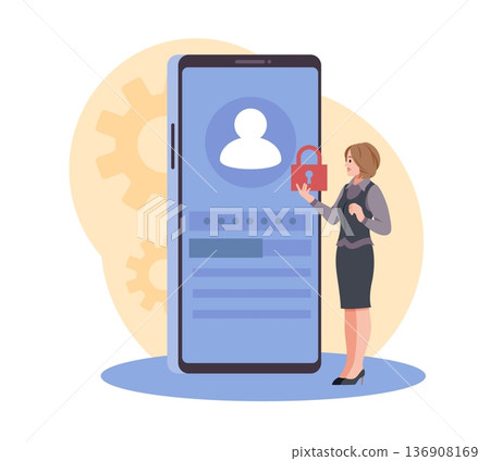 Login to personal use page. User login website page digital interface, woman logs into account on smartphone, cybersecurity privacy control, vector cartoon isolated authentication concept Login to personal use page. User login website page digital interface, woman logs into account on smartphone, cybersecurity privacy control, vector cartoon isolated authentication concept 136908169