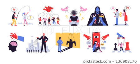 Manipulation and control people. Psychological phenomena, domination method, mental influence, abusing, hand marionettes, puppets bullying and harassment, tidy vector cartoon isolated set 136908170