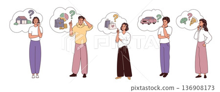 Mindset types people. Characters with different thinking, logical, practical, structural, men and women talk in minds, person individual decision making garish vector cartoon isolated set Mindset types people. Characters with different thinking, logical, practical, structural, men and women talk in minds, person individual decision making garish vector cartoon isolated set 136908173