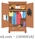 Open wardrobe with female clothes. Home storage showing organized garments, shoes, accessories and boxes inside closet, cleaning and storing things. Vector cartoon isolated illustration 136908182