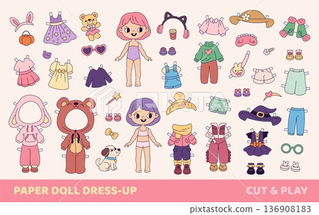 Paper doll with clothes. Funny little girl character, different outfits and accessories, retro kids paper game, dress up, fashionable young costumes, garish vector cartoon isolated set 136908183