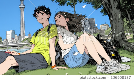 Young men and women relaxing in a city park with fresh green grass 136908187