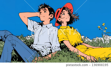 Young men and women relaxing in a city park with fresh green grass 136908195