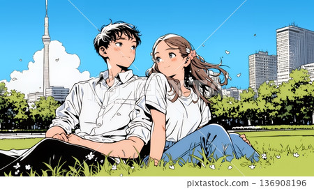 年輕男女在綠草茵茵的城市公園放鬆身心。 136908196