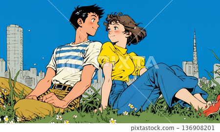 年輕男女在綠草茵茵的城市公園放鬆身心。 136908201