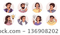 People avatars. Thoughtful business people portraits for social media, round frames, idea came mind, smiling faces, communication and user interface design, garish vector isolated set 136908202