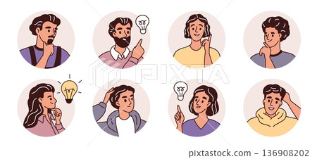People avatars. Thoughtful business people portraits for social media, round frames, idea came mind, smiling faces, communication and user interface design, garish vector isolated set 136908202