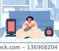 People freezing in room. Sad guy, shivering from cold, wrapped in blanket and trying to keep warm, electric heaters devices, indoor winter scene, classy vector cartoon isolated concept 136908204