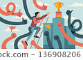 People hands supporting. Man strives for victory, award cup, hands help get to podium top, friendly atmosphere, teamwork success symbol, personal growth cartoon isolated tidy vector concept 136908206