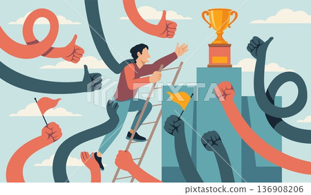 People hands supporting. Man strives for victory, award cup, hands help get to podium top, friendly atmosphere, teamwork success symbol, personal growth cartoon isolated tidy vector concept 136908206